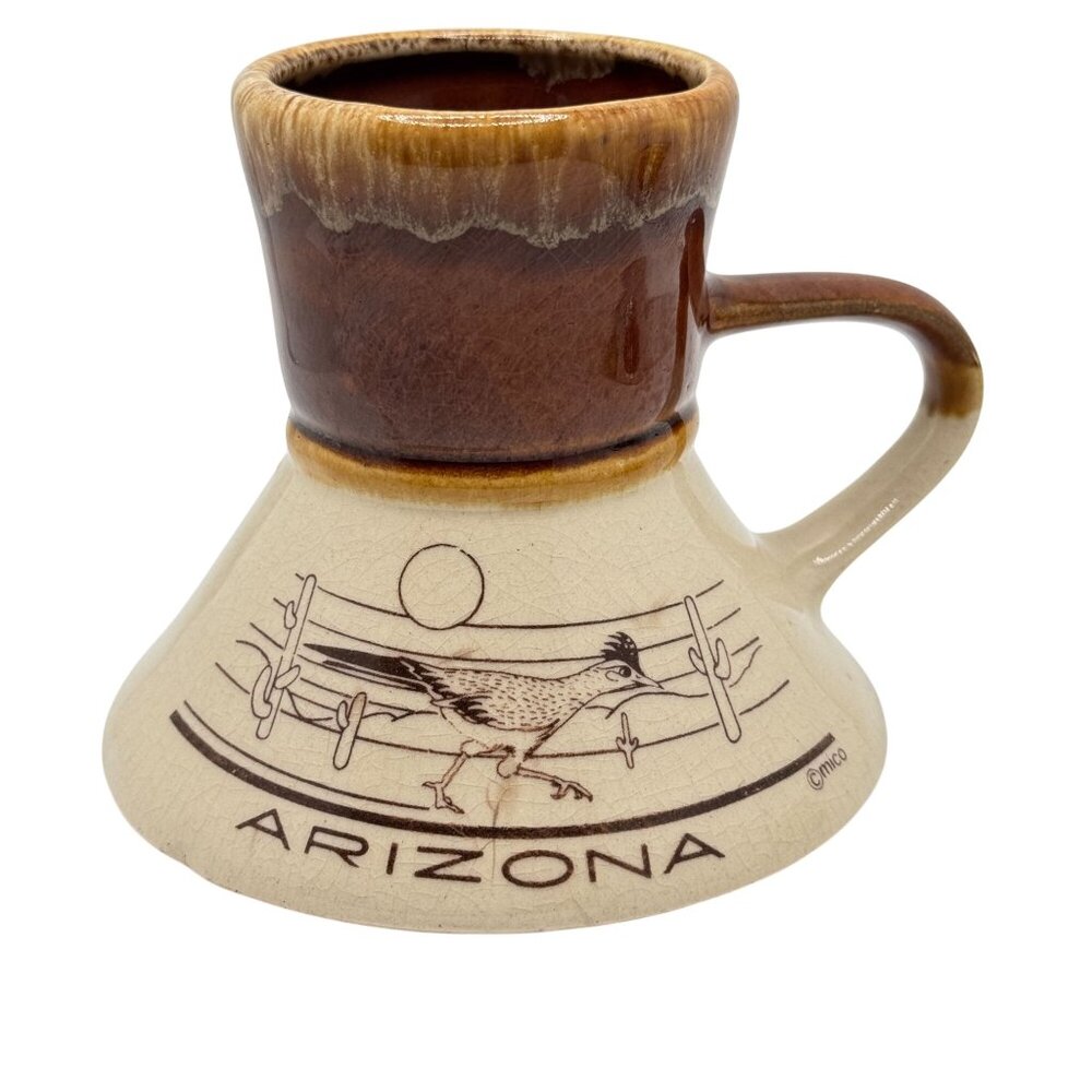 Arizona Ceramic Pottery Mug Bird Roadrunner Spill-Proof Handle Brown Beige Vtg